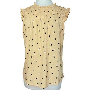 Adrianna Papell Sz L Smocked Ruffle Neck Peach Polka Dot Sleeveless Top NEW